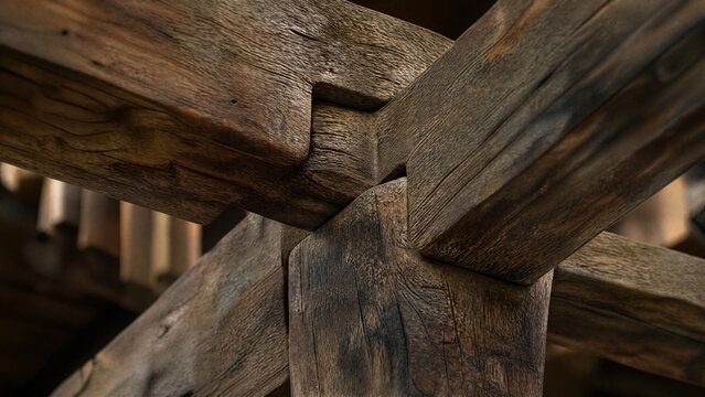 tenon. Ancient wooden beam with mortise and tenon joint, detailed texture. real-estate listings, architecture portfolios, designed for real-estate listing and luxury residence showcases.