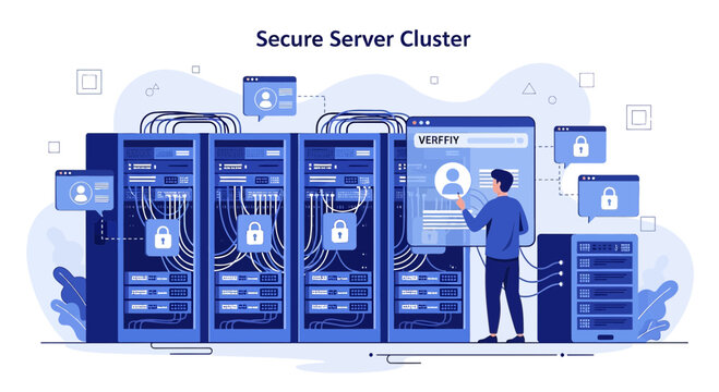 Secure Server Cluster: Cybersecurity, Data Center, Network Security, Cloud Computing.