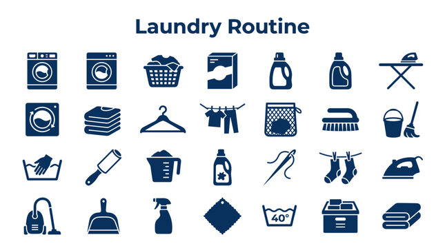 Laundry routine icons and symbols for washing and cleaning household chores with clothes and appliances