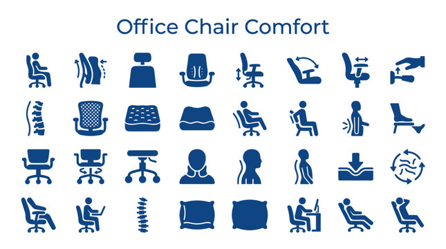 Office Chair Comfort Icons Collection representing ergonomic seating solutions and back health support for better posture and well being at work