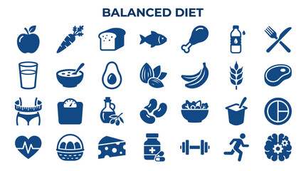 Fototapeta premium Healthy balanced diet icons representing food groups and healthy lifestyle choices for nutrition and wellness