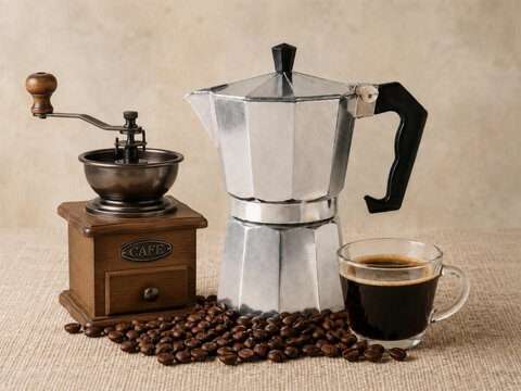 Rustic coffee still-life featuring a vintage manual coffee grinder, a classic moka pot, and a glass cup of espresso.