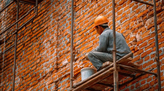 A bricklayer hard at work during the ongoing construction of a residential building structure. The scene captures active masonry work, with careful placement of bricks.