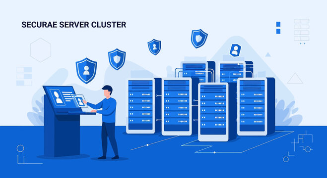 Secure server cluster with person interacting with touchscreen, data security concept