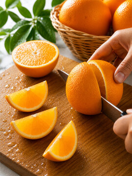Close-up food photography of a hand slicing a fresh orange on a wooden cutting board in natural sunlight.