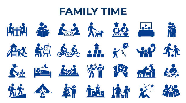 Family time activities icons representing bonding moments and leisure. Diverse family fun and togetherness depicted in simple blue graphics.