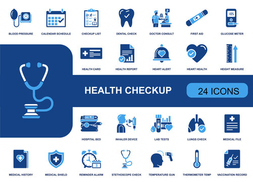 Health checkup icon set. Containing blood pressure, checkup list, doctor consult, glucose meter, health report, medical file, lab tests, thermometer, lungs and more. Solid vector icons.