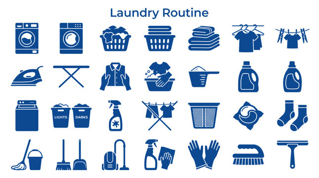 Laundry routine collection of icons and symbols representing washing clothes and household chores for cleaning and hygiene concepts