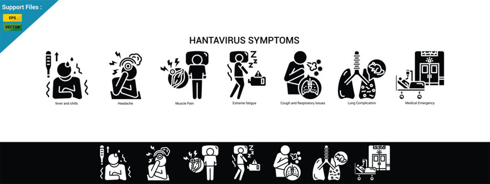 Hantavirus Symptoms Concept with Fever, Respiratory Infection and Medical Warning Illustration. glyph icon set. Black Background With White.
