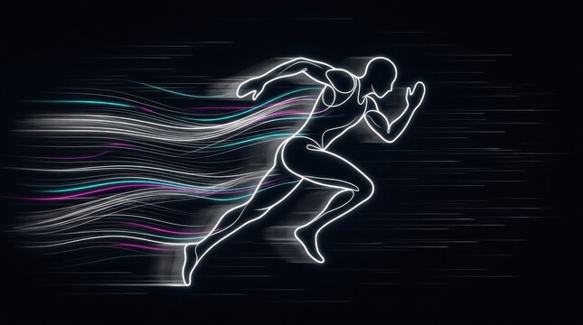 A white, outlined silhouette of a runner is depicted in motion against a dark background.  Bright, colorful lines streak behind the runner, suggesting speed 