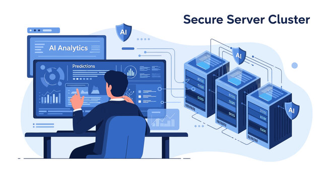 Secure Server Cluster with AI Analytics and Businessman