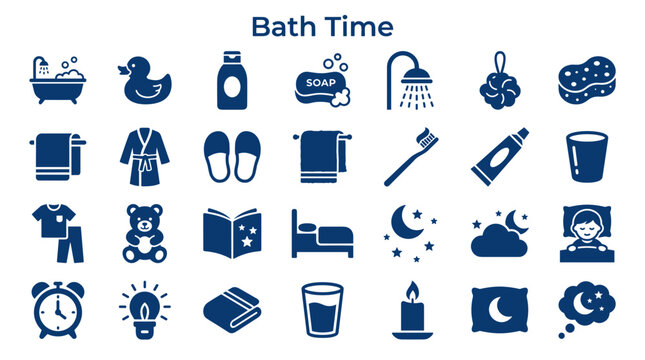 Collection of blue bath time and bedtime icons representing hygiene relaxation and sleep routines for children and adults
