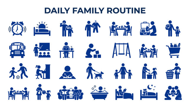 Daily family routine icons depicting various activities from waking up to bedtime and leisure time for parents and children