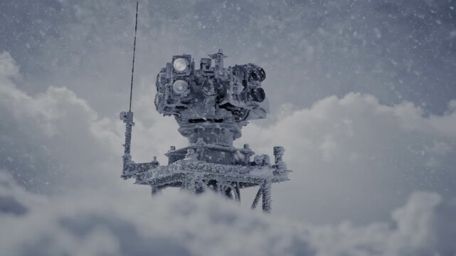 Snow covers surveillance camera. Tower stands amidst falling snowflakes. Camera mounted on metal structure. Snow blankets surrounding landscape. Cloudy sky looms. Metal framework glistens.