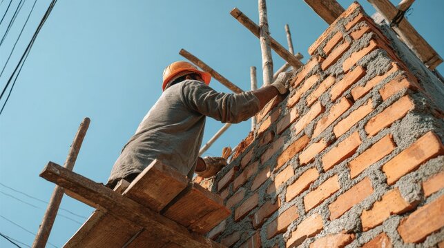 A bricklayer hard at work during the ongoing construction of a residential building structure. The scene captures active masonry work, with careful placement of bricks.