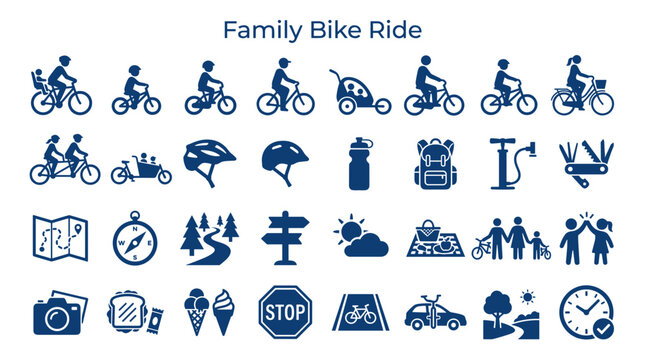 Family bike ride icons and illustrations representing outdoor recreation healthy lifestyle activities and cycling adventures