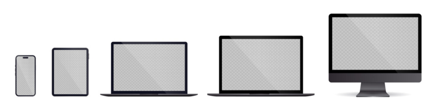 Device mockup collection. Monitor, laptop, tablet, and phone. realistic Realistic smartphone, tablet, laptop and monoblock.