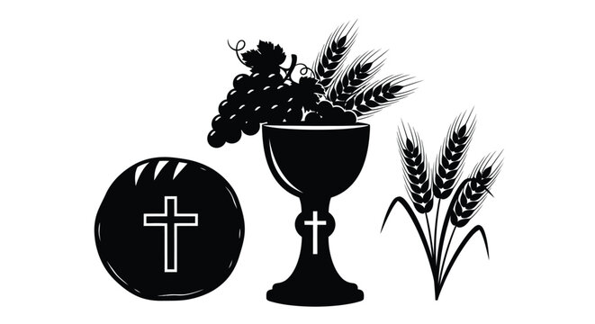 Bread grapes and chalice religious symbols silhouette high quality professional detailed