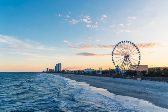myrtle beach, south carolina, usa, beach, coast, landscape, ocean, travel, vacation, wheel, sky, ferris wheel, amusement, fun, ride, fair, entertainment, sunset, attraction