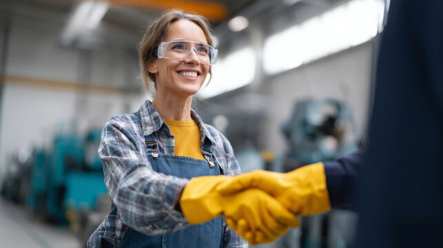 Female factory worker shaking hands
