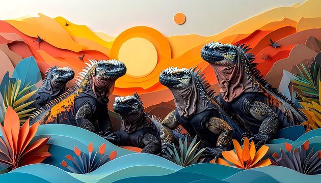 Group of marine iguanas gathered on a colorful paper-cut landscape under a warm sunset, showing a stylized natural habitat, ecological theme