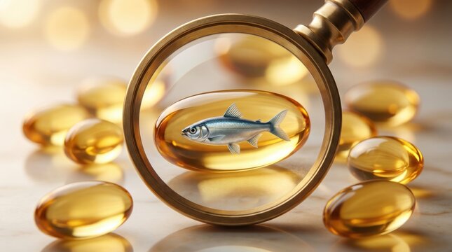 Fish oil capsules with magnifying glass revealing fish symbol, representing omega 3 nutrition, dietary supplements, healthy lifestyle, wellness research and pharmaceutical healthcare concept