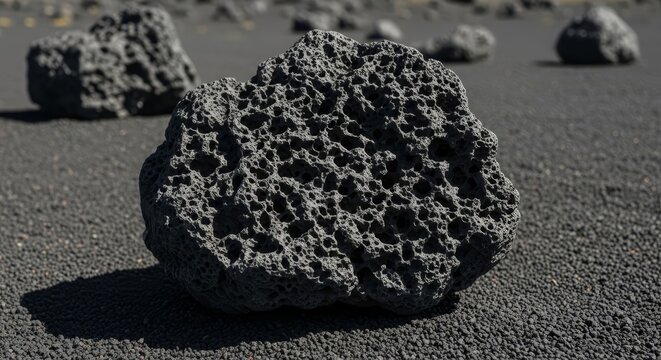 Rough Volcanic Rock With Porous Texture Set Against Dark Sandy Ground