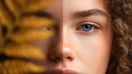 Fototapeta premium Youthful woman's face with a vivid blue eye, half visible through artistic golden blur, highlighting skin detail.