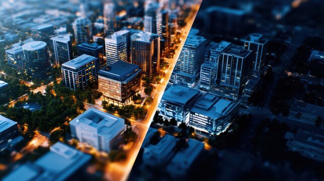 Dynamic Cityscape Vibrant Golden Glow Contrasted with Tranquil Blue Tones at Night