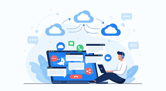 Remote Work Communication and Cloud Technology Illustration