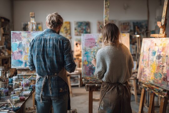 Abstract canvases fill with color during a joyful group painting session emphasizing artistic expression, shared creativity, and energetic collaborative atmosphere