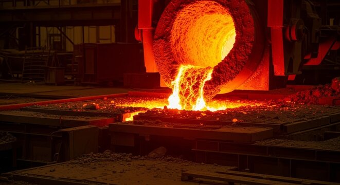 Molten Metal Slag Flowing From a Glowing Industrial Furnace