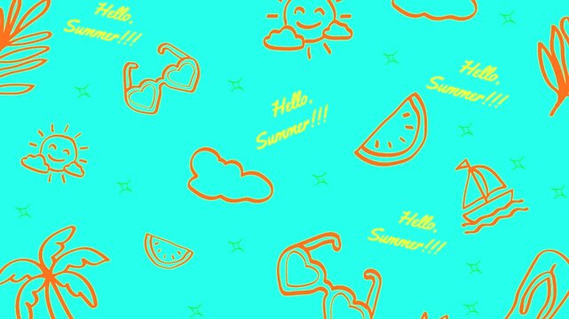 Summer loop animation with sun, sea, and beach elements on a bright blue background