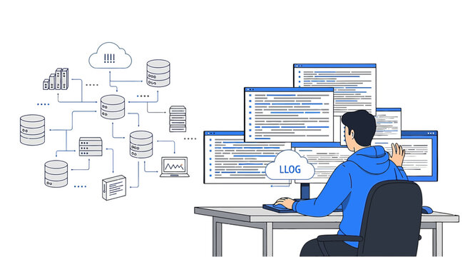 Programmer working on cloud database system and coding data flow.