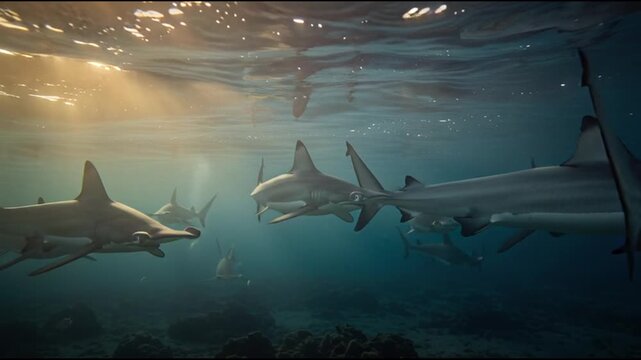Group of hammerhead shark swimming in blue ocean with sunlight