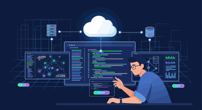 Programmer working with cloud computing and data visualization.