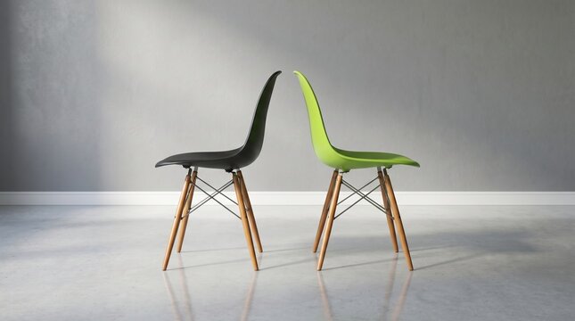 A high quality photo showing two modern designer chairs with wooden legs facing away from each other in a room