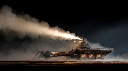 Fototapeta premium Vintage Steam-Powered Vehicle on a Foggy Night with Dramatic Lighting