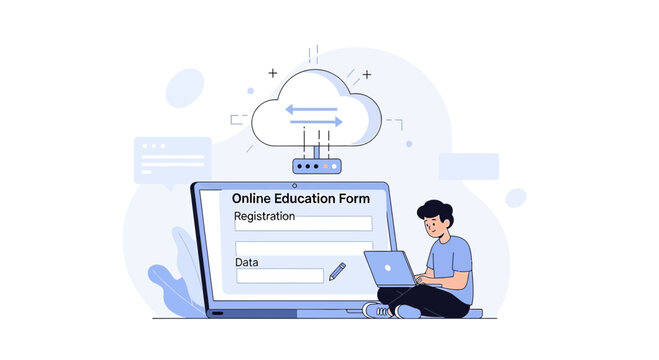 Online Education Registration Form on Laptop Screen with Cloud