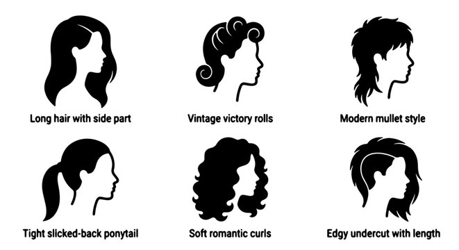 Diverse Hairstyles Vector Collection: Vintage Victory Rolls, Modern Mullet, Romantic Curls, Undercut, Ponytail, Long Hair Styles