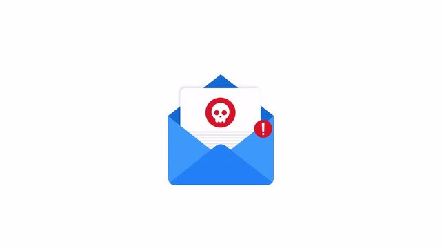 Dangerous email alert concept with envelope skull symbol and malware notification, flat 2d illustration isolated on transparent background with alpha channel