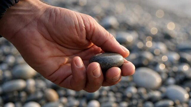 Hand cradling a smooth, wet, and glistening pebble with a background of other rounded stones in shallow focus at the beach