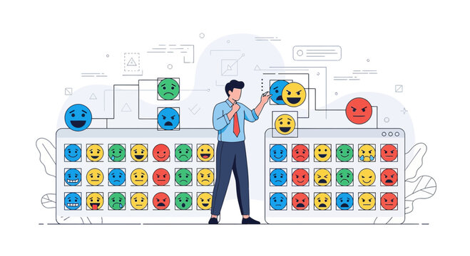 Person choosing emojis, rating feedback, customer satisfaction, sentiment analysis