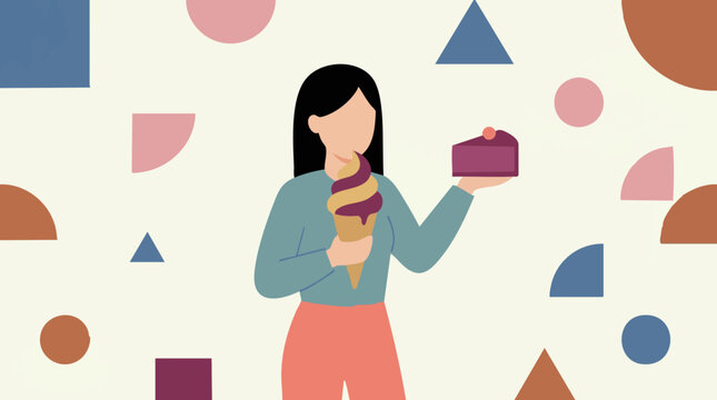 Flat illustration of a woman holding ice cream and cake with geometric shapes