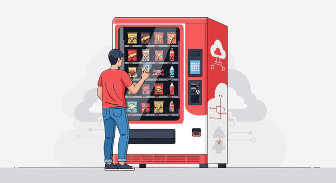 Person choosing snacks from a modern vending machine with cloud icons