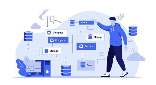 Man working with cloud computing icons and data servers, illustration