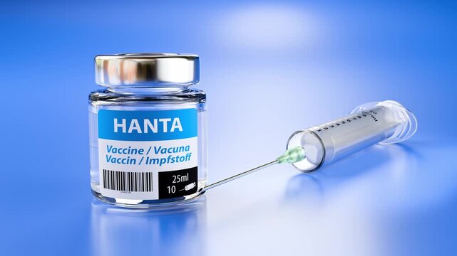 One vial of a fictitious Hantavirus vaccine and a syringe besides. Camera tilting 