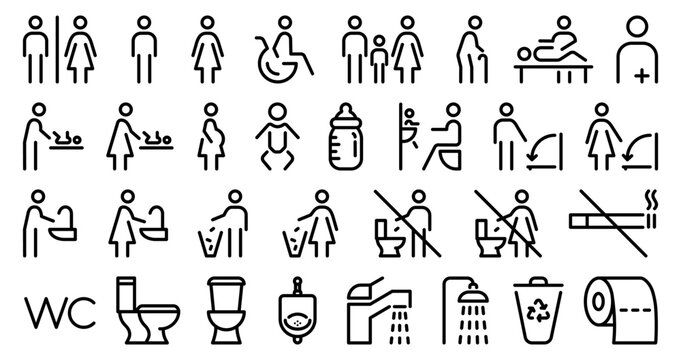 Toilet line icon set with man, woman, baby, parents with baby, shower, toilet, wc, do not litter and hygiene symbols. Male, female and disabled pictograms with no smoking sign. Editable vector icons.