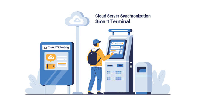 Person Interacting with Smart Terminal and Cloud Ticketing Kiosk