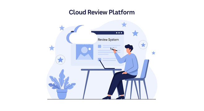 Person interacts with cloud review platform on laptop at desk